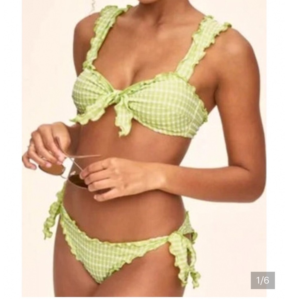 Adore Me Green Yellow gingham lettuce hem cheeky bikini NWT large top Medium bot